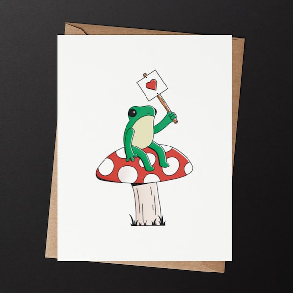 Frog Birthday Card | Frog Love Card | Frog Valentines Day Card | Sending Love Card | Cute Frog Sitting on a Mushroom