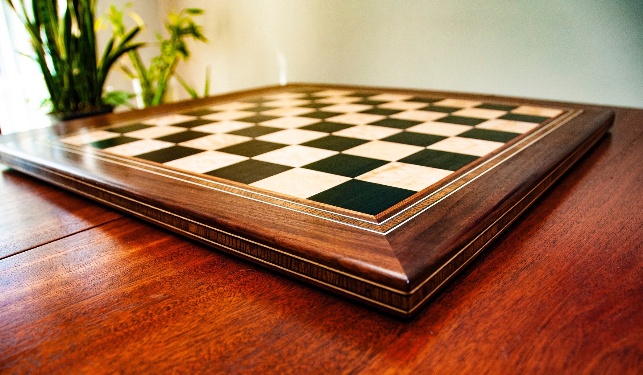 Amboyna Burl, Genuine Ebony & Bird's Eye Maple Custom Contemporary II Chess  Board