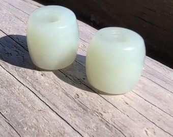 Handmade pair of Siberian white to off-white nephrite Jade beads