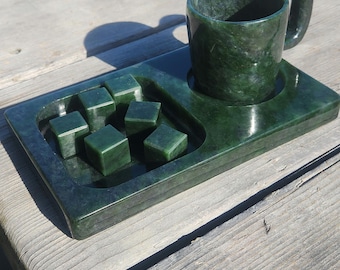Unique Siberian jade table set, cup, whiskey cubes and tray