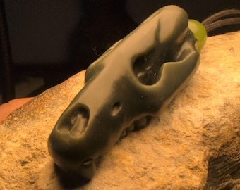 Wyoming olive nephrite jade bear skull carving with handmade Siberian jade bead