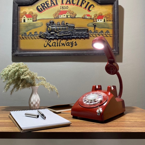 Vintage Phone Lamp, Retro, Lamp Phone, Home Decor, Desk Lamp, Office Furniture, 1970s Antique Lamp, Table, Red Colored, Telephone Lamp