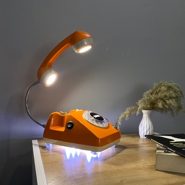 Vintage Phone Lamp, Retro, Home Decor, Desk Lamp, Office Furniture, 1960s Antique Lamp, Table, Gift Decor, Telephone Lamp, Orange Lamp