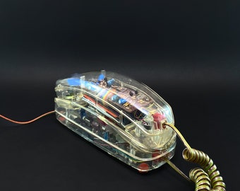 Transparentes Vintage-Telefon, Wand- und Tischtelefon aus den 1990er Jahren, Retro-Festnetztelefon, selten und Sammlerstück, voll funktionsfähig, einzigartige Inneneinrichtung