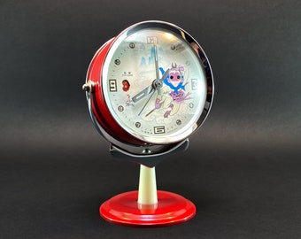 Antique Animated Table Clock, Vintage Mechanical Alarm Clock, Pop Art Clock, 1970s Pedestal Clock, Rare and Collectible, Fully Working