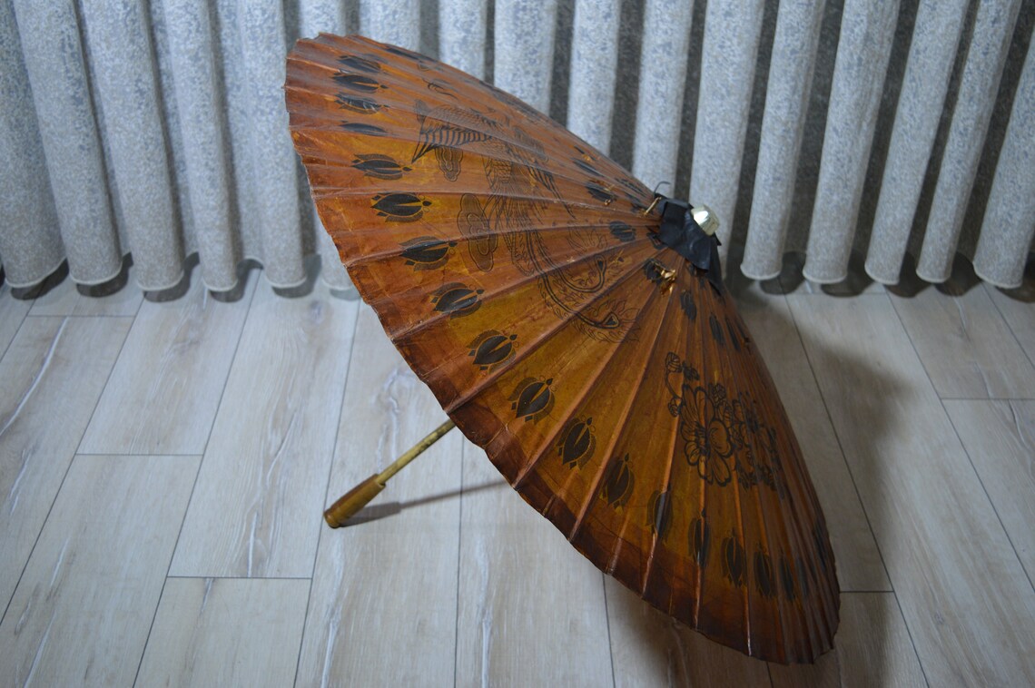 Handpainted Parasol bamboo umbrella Vintage Japanese Bamboo Etsy
