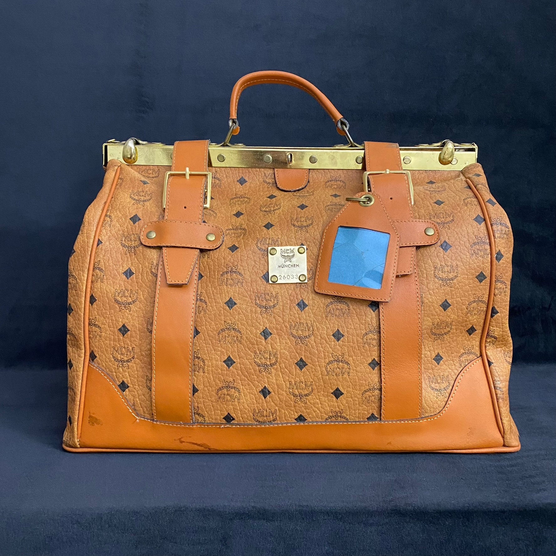 MCM Visetos Cognac Brown Golf Collection Boston Bag