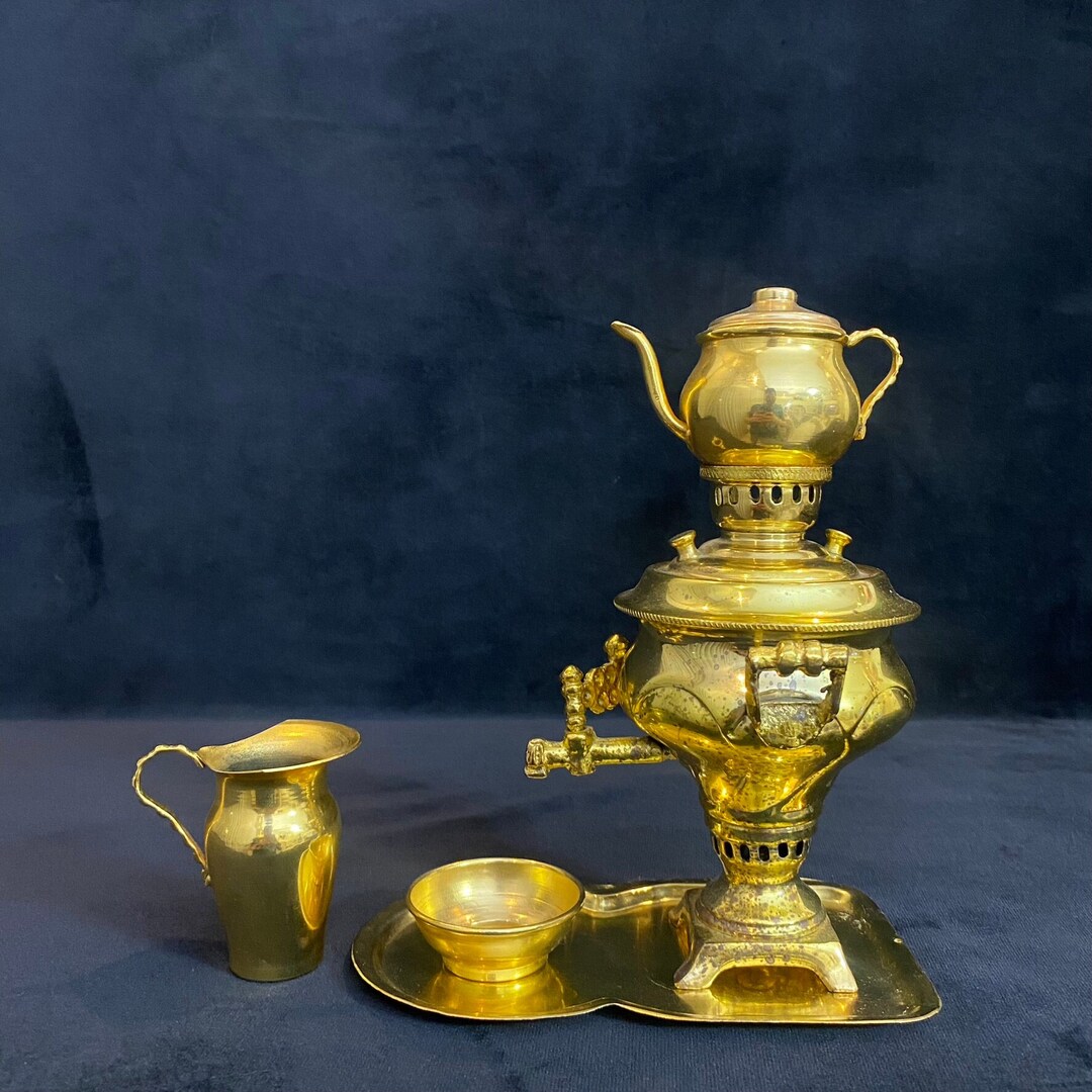 Russian Miniature Brass Samovar Set, 20th Century, Antique Mini Samovar 