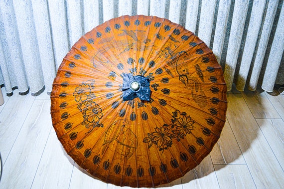 Hand-painted Parasol, bamboo umbrella, Vintage Jap