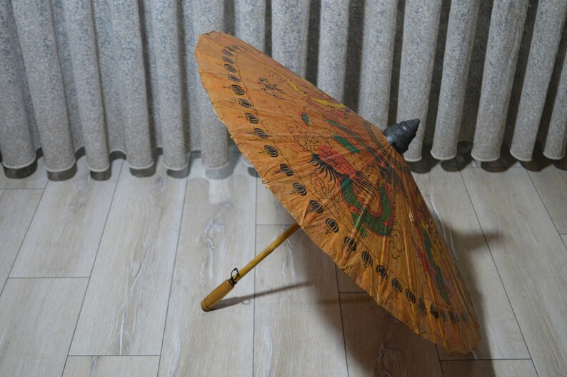 Japanese Umbrella Vintage Japanese Bamboo Parasol Hand Painted Hand-painted Parasol bamboo umbrella 1960s