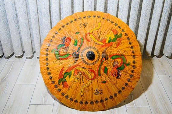 Hand-painted Parasol, bamboo umbrella, Vintage Jap