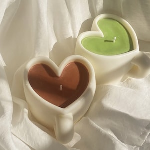 Coffee Mug Heart Shaped Candle, Matcha Latte Cup Hand Poured Vegan Soy Wax and Scented Essential Oil Candle, Gift Cottagecore Decor