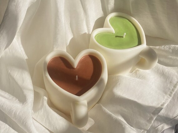 Coffee Mug Heart Shaped Candle, Matcha Latte Cup Hand Poured Vegan Soy Wax and Scented Essential Oil Candle, Gift Cottagecore Decor