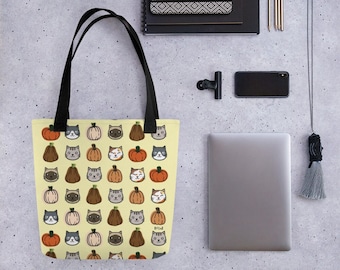 Adorable Pumpkin and Kitty Tote Bag; Cat Mom Tote; Fall Cat Bag; Tote Bag for Cat Lover; All-Over Print Tote Bag; Reusable Shopping Bag;