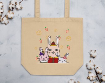 Chinese New Year Tote Bag; Year of the Rabbit Organic Cotton Bag; Lunar New Year Bag; Sustainable + Eco-Friendly Bunny Bag; New Year Gift