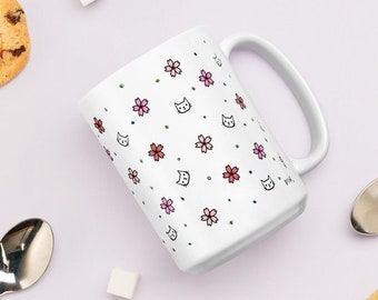 Sakura Kitty Coffee Mug; Cherry Blossom Cat Mug; Cat Lady Coffee Cup; Cat Mom Mug; Gift for Cat Lovers; 11 Oz Coffee Mug; 15 Oz Ceramic Mug