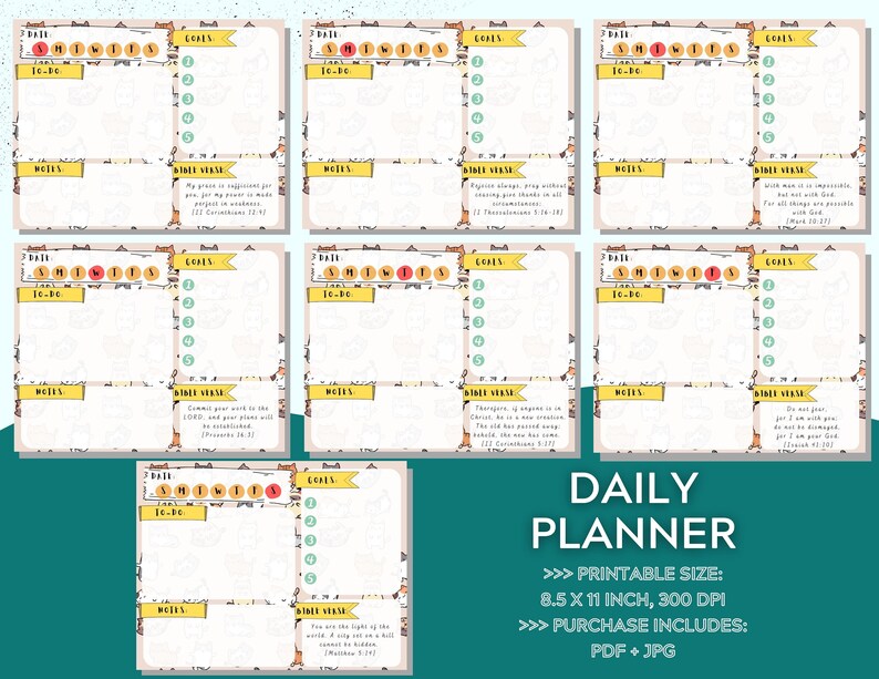 Printable 7 Day Planner with Cat Design Background Bible Verses Included To-Do List Notes Goals 11 x 8.5 image 2