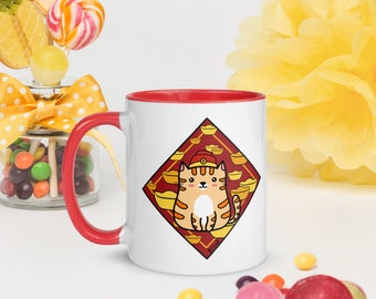 Chinese New Year Cat Coffee Mug; Lunar New Year Kitty Mug with Chinese Yuan Bao; New Year Gift for Cat Lovers; 11 Oz Ceramic Cat Mug