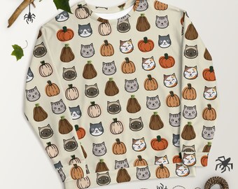 Pumpkin and Kitty All-Over Print Sweatshirt; Fall Cat Sweatshirt; Cat Lover Shirt; Unisex- Please see the size chart and details for ref.!