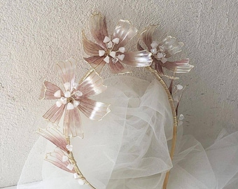 Gold/pink resin headpiece,handmade flowers,flowers bridal headpiece,bridal headband,bridal accessories,wedding accessories,helen headpiece
