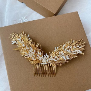 Gold angel wings bridal hair comb,gold bridal headpiece,gold hair piece,pearls hair comb,pearls headpeiece,wedding hair comb