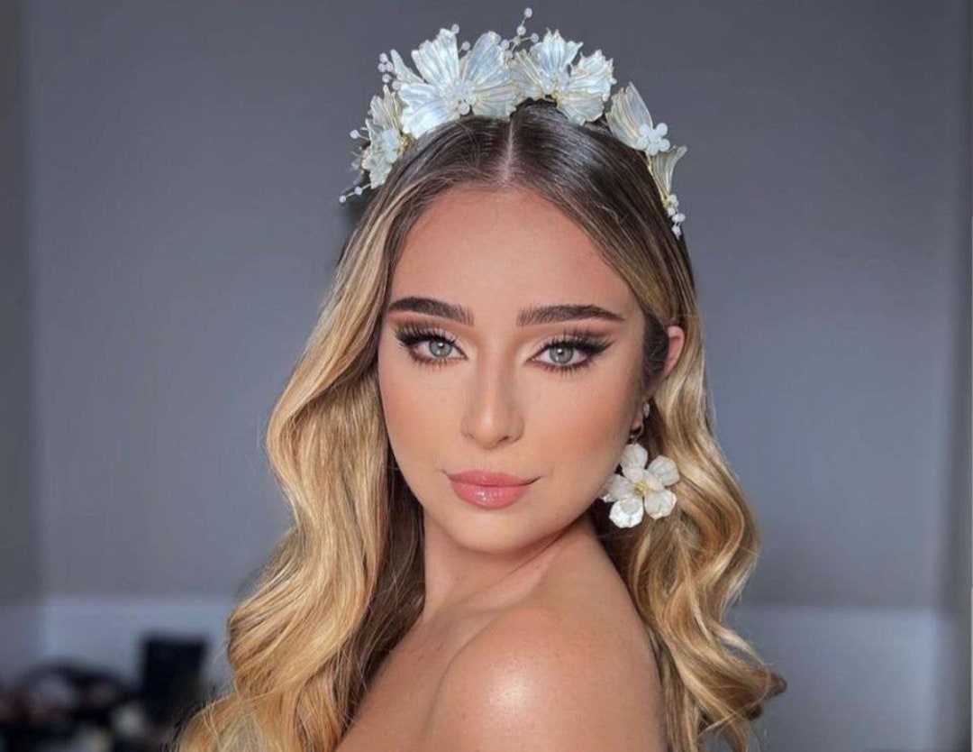 Gold and Beige Flowers and Crystals Bridal Crownbridal Etsy