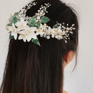 Green leaf and porcelain flowers bridal headpiece,bridal hair piece