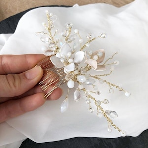 Porcelain floral bridal comb,floral hair  comb,bridal hair clip,gift for bride,crystals,pearls,hair accessories