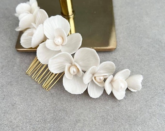 Porzellan Blumen Braut Haarkamm,Tonblume,Perlen Braut Haarteil,Braut Haarspangen,Gold Braut Haarkamm,weiße Blumen