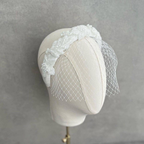 White emroidery fascinator,bridal headband,wedding accessories,bridal accessories,bridal tiara