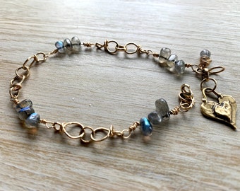 Labradorite, Gold Filled Bracelet, Handmade Chain, Unique Design, Heart Charm, Wedding Gift, Gift For Her, Delicate, 14 Karat, Graduation