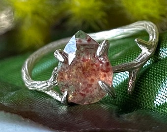 Unique Twig Branch Ring, Strawberry Quartz, Pink Gemstone, Sterling Silver, Promise ring, Gift For Her, Wedding Band, Valentine Present