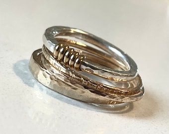 Unique Stackable Rings, Statement Ring, Textured Bands, 14K Gold, Engagement Band, Multi Metal, Minimalist Jewelry,  Present For Her