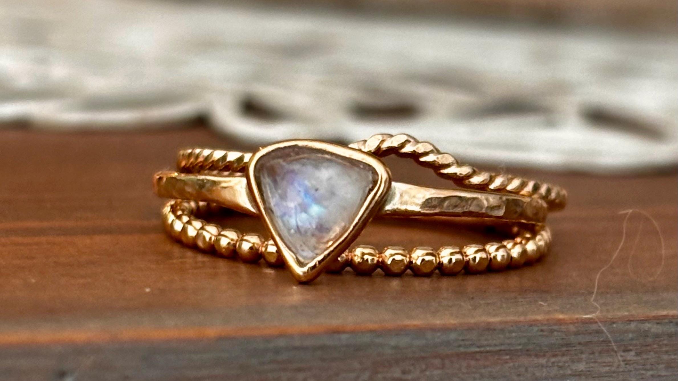 Triangle Moonstone Ring Set, 14k Gold Filled Stacking Rings