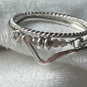 Chocolate  Moonstone Ring Stack, Unique Design, Textured Bands, Chevron Band, Promise Ring, Bridesmaid Present, Gift For Her