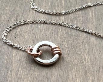 Mixed Metal Circle Necklace, Hammered Silver, Gold Filled Accent