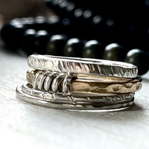 Mixed Metal Ring Stack, Tarnish Free Ring, Maid Of Honor Gift, Gold Filled Band, Hammered Gold Filled, Multi Metal, Something New