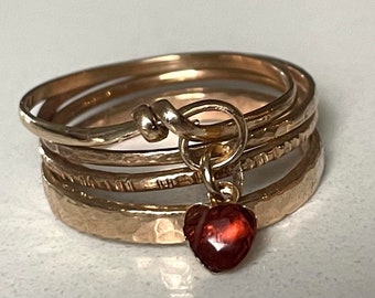 14k Gold Filled Garnet Heart Ring Stack, Hammered Band, January Birthstone