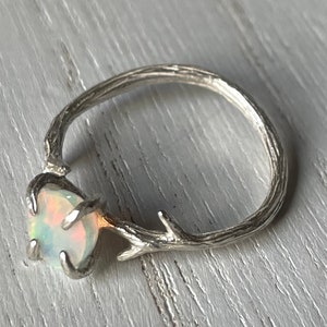 May include: A silver ring with a branch design and a white opal gemstone. The ring is made to look like a twig with a small opal set in the center.