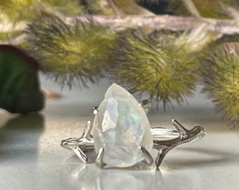 Teardrop Moonstone Ring, Twig Branch Sterling Silver, Promise Ring