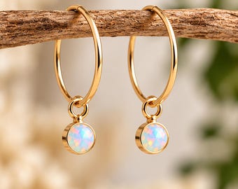 Pendientes de aro de ópalo de fuego, aros de oro laminado de 14 quilates, pendientes colgantes hechos a mano, regalo de joyería minimalista