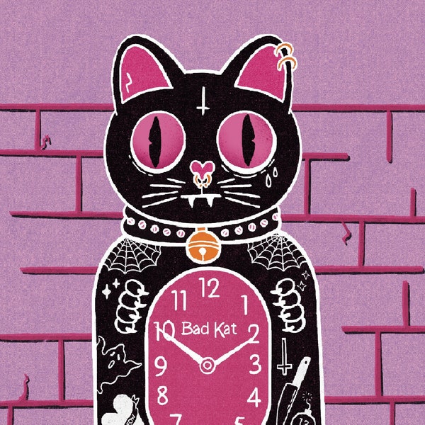 Bad Kat Clock 5 x 7 Print | Cat Kitten | Punk Wall Decor | Tattoo Flash Illustration | Graphic Design Poster | Kitsch Kitchen Cat Mom
