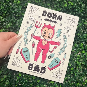 Born Bad White 8 x 10 Art Print | Kewpie | Feminist Wall Decor | Tattoo Flash Illustration | Graphic Design Poster | Vintage Baby Doll