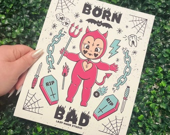Born Bad White 8 x 10 Art Print | Kewpie | Feminist Wall Decor | Tattoo Flash Illustration | Graphic Design Poster | Vintage Baby Doll