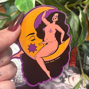 Moon Lover (Gelber Mond) wasserdichter Aufkleber | Himmlische magische Hexe Witchy Aufkleber | Sexy Aufkleber groß |