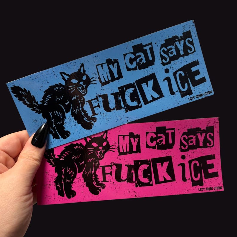 May include: Two rectangular stickers, one blue and one pink, with black text and a black cat illustration. The text on each sticker reads "My Cat says FUCK ice". The stickers are held against a black background.
