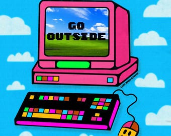 Go Outside 8 x 8 Art Mini Square Print | Computer Computah Illustration | Nature Pop Art Wall Decor | Vintage Windows |  Design Poster