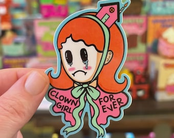 Sad Clown Girl Forever Waterproof Sticker | Clowncore Funny Red Head |  Clowns Laptop Design | Girlie Graphic Design