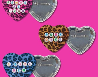 Sapphic Cheetah Print Heart Pinback Button | Raunchy LGBT+ Adult Gift | Lesbian Gay Pin | Tacky Femme Accessories