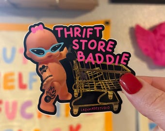 Thrift Store Baddie Kewpie Waterproof Sticker | Thrifting Thrifter Eco-Friendly Design | Vintage Retro Feminist l Decor | Graphic Design